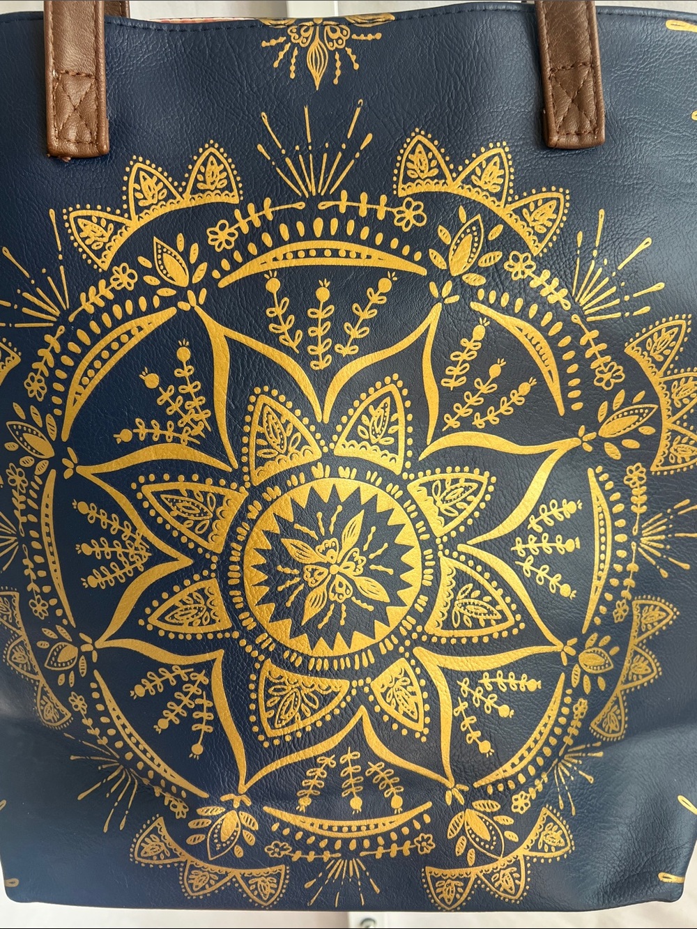 Papaya Navy Tote with Gold Mandala and Brown Straps Pink Satan Lined - Picture 12 of 16
